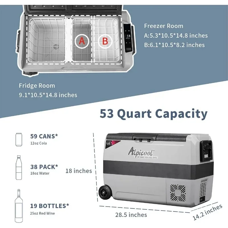 Alpicool LGT50 Холодильник с двойным контролем температуры, 12 В, 53 литра, портативный автомобильный холодильник с морозильной камерой (4 ° Ф~68 ° F) для грузовика, автофургона