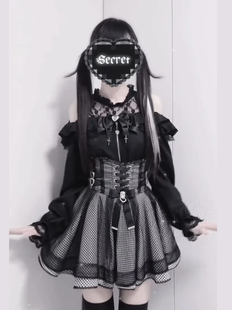 Süße elegante Kawaii schlanke schulterfreie Anzug Damen japanische schöne Spitze neue schwarze kurze Rock Anzug Mode Vintage Lolita Set