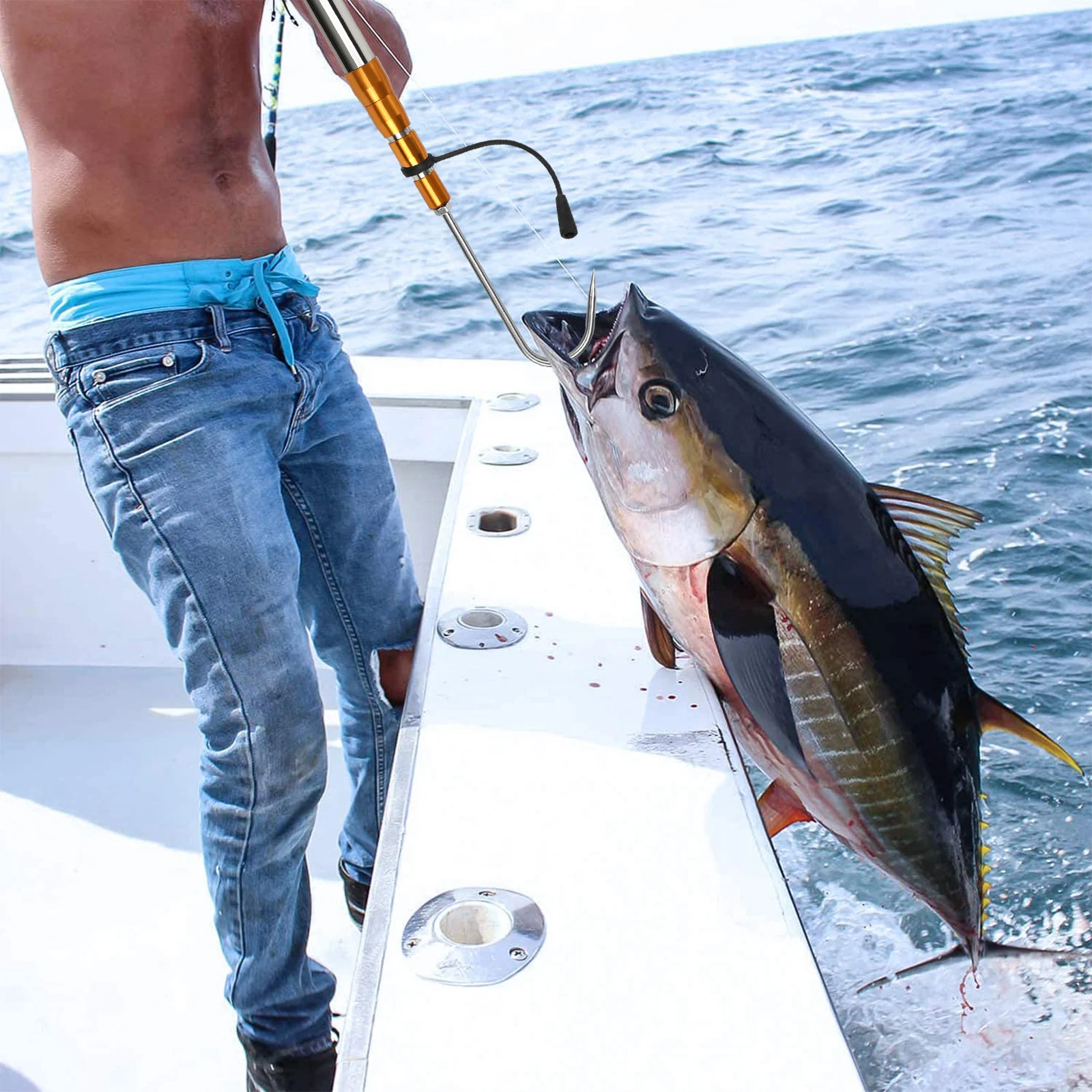 SANLIKE-poste telescópica para pesca en el mar, anzuelo de lanza de acero inoxidable, mango de goma para herramienta en alta mar para agua salada