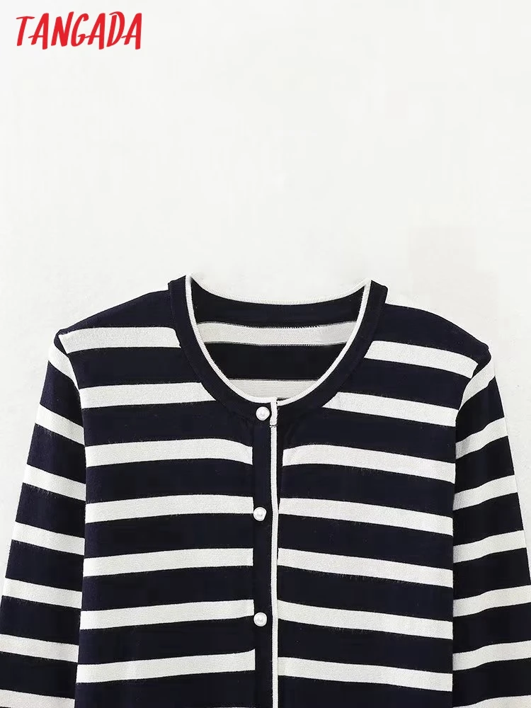 Tangada 2023 Autumn Women Classic Striped Knit Cardigan Sweaters Long Sleeve Female Outerwear 6H452