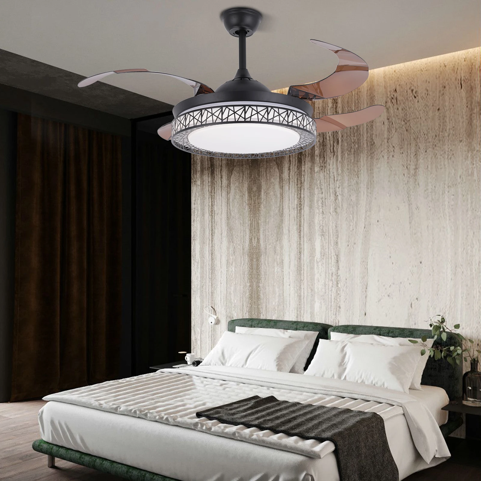 Home Decor Retractable Fans With LED Light Chandelier Ceiling Fan Colors 3 Speeds 4 Invisible Blades & Remote Control