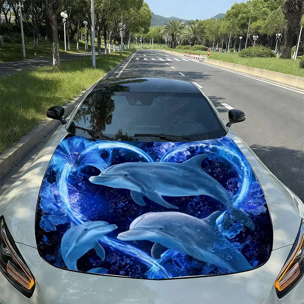 Three Happy Dolphins Car Engine Hood Packaging, Colored Vinyl Stickers, Truck Patterns, Engine Hood, Car Parts Decoration Sticke