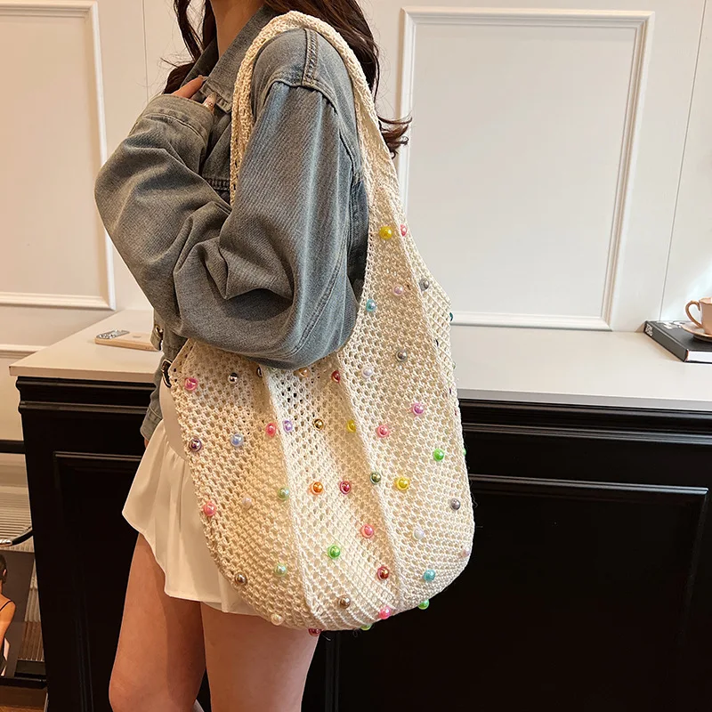 

2024 New Large Capacity Braid Beach Shoulder Pack Exquisite Mixed Color Pearl Design Commuter Underarm Bag Summer Leisure Bags