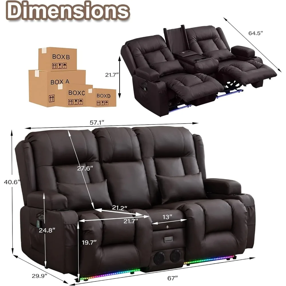 Power Loveseat Recliner Sofa with Massage & Heat Home Theater Seating with Console Electric Recliner RV Sofa with USB/Outlet/St