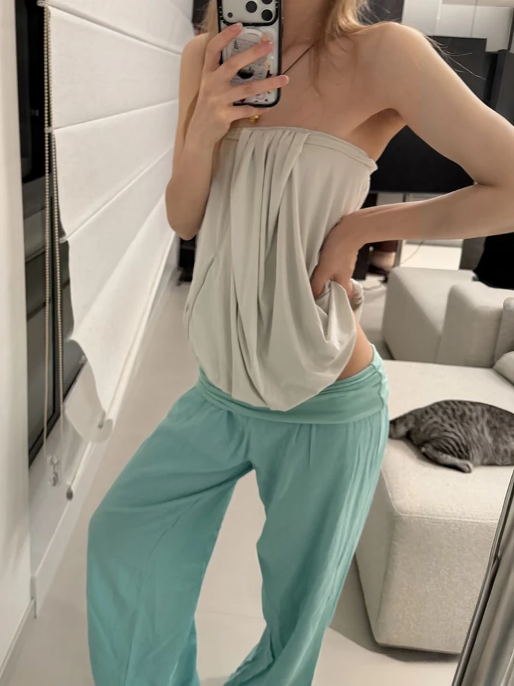 

Sistrelinda Trend Sweet 2 Piece Set Women Hottie Ruched Elastic Waist Tank Top+Wide-Leg Pants Stretch Simple Chic Street Suits