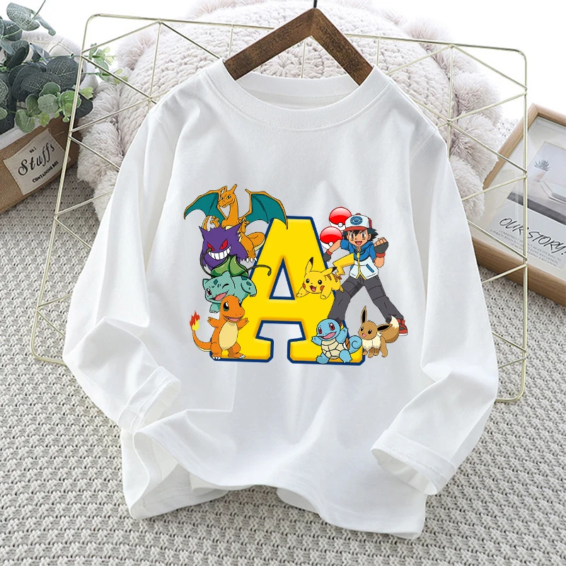 

Pokemon Kids Long-sleeves Cotton T-Shirts Cartoon Anime Pikachu Printed Letter Tops Spring Fall Thin Tees Children Clothes Gift