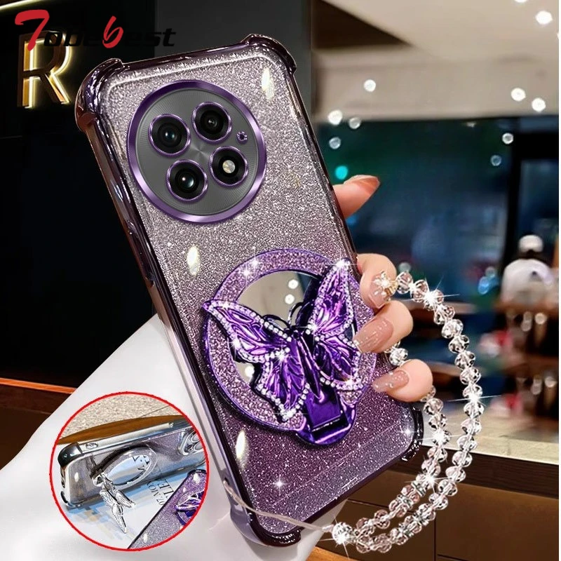 Étui pour Bracelet en cristal miroir papillon à paillettes, housse plaquée antichoc pour Oneplus 13 13T 15 12 11 11R ACE 5 3 2 Pro