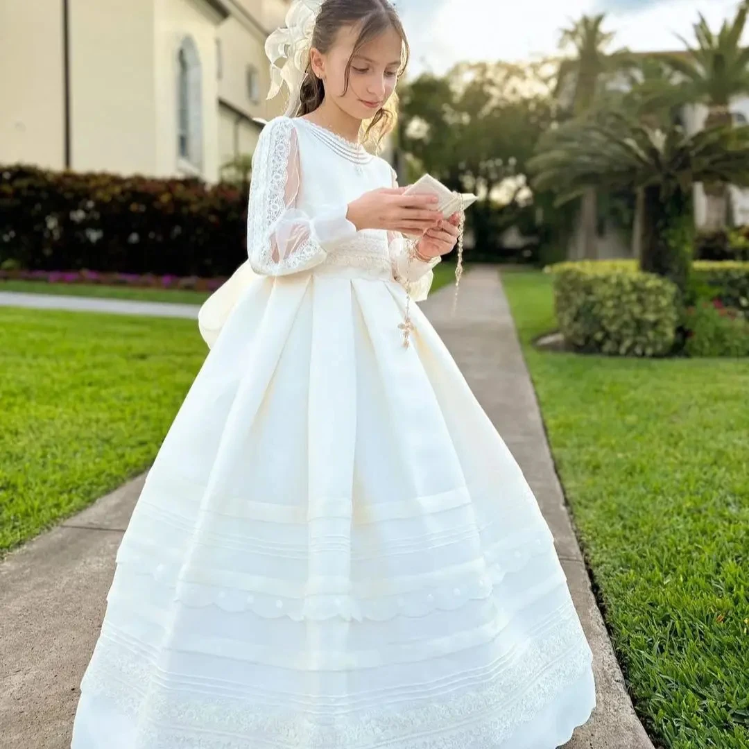 Vestido de flores de satén de marfil para niña, vestido elegante con cuello redondo, lazo de encaje, fiesta de boda para niños, vestidos de primera comunión de princesa de cumpleaños