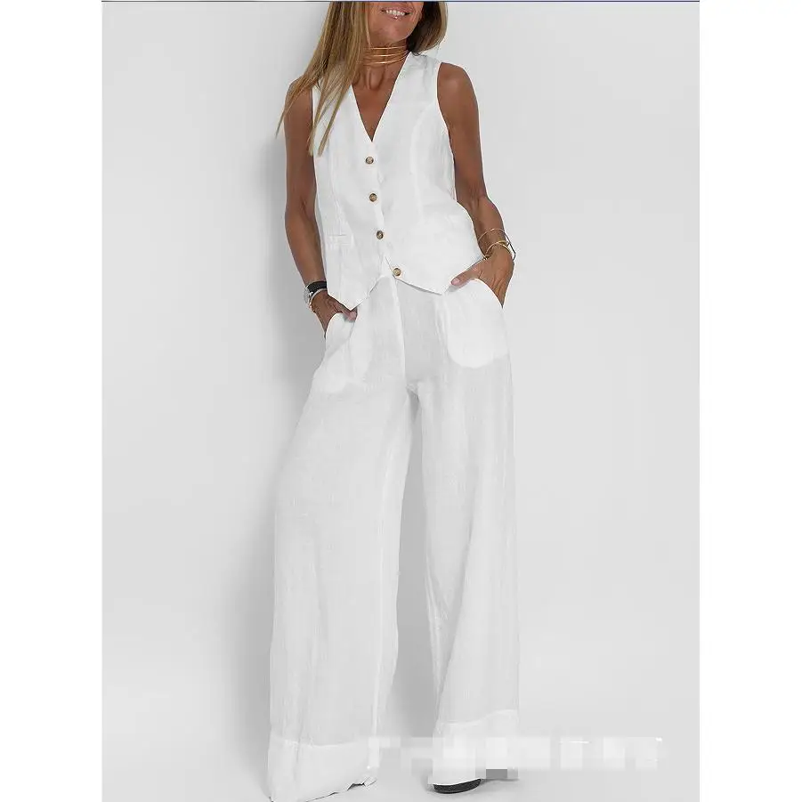 Моющийся лоскутный хлопковый льняной жилет и брюки, комплект повседневного женского ансамбля Ele, весна 2024, без фирменной рекламной марки