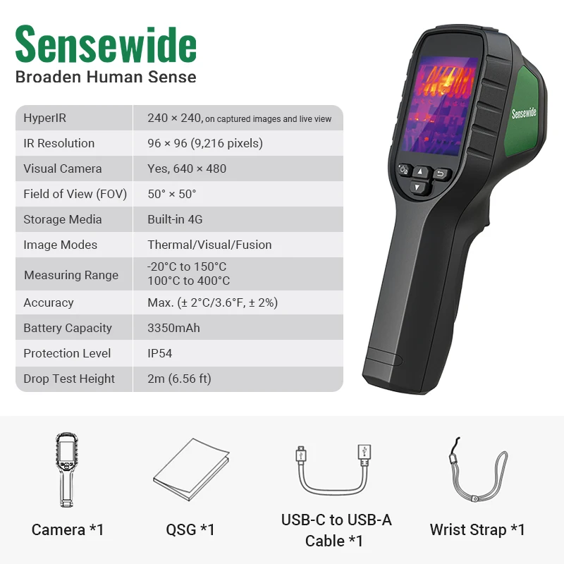Sensewide FH26 Professionele Thermische Beeldvormingscamera 640x480 HyperIR, 3.2" Display met 2MP Visuele Camera 64GB 25Hz Thermische Camera