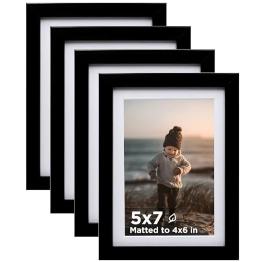 Picture Frame Set of 4, Wooden Photo Frames Matted with Plexiglass for with Mat or without Mat for Table and Wall Display