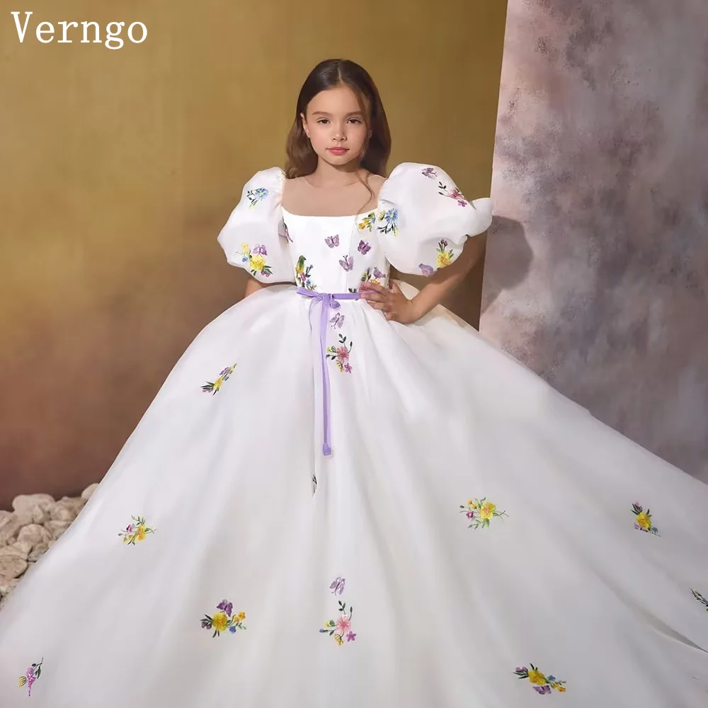 

Verngo White Satin Appliques Kid Dress Short Sleeves Puffy Birthday Party Dress Princess Dresses For Wedding Customized