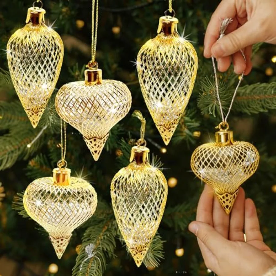 

6pcs Gold Christmas Ball Ornaments with Tiny Crystal Diamonds - Rugby-Shaped Wire Mesh Christmas Ornaments Hanging Ball Decorat