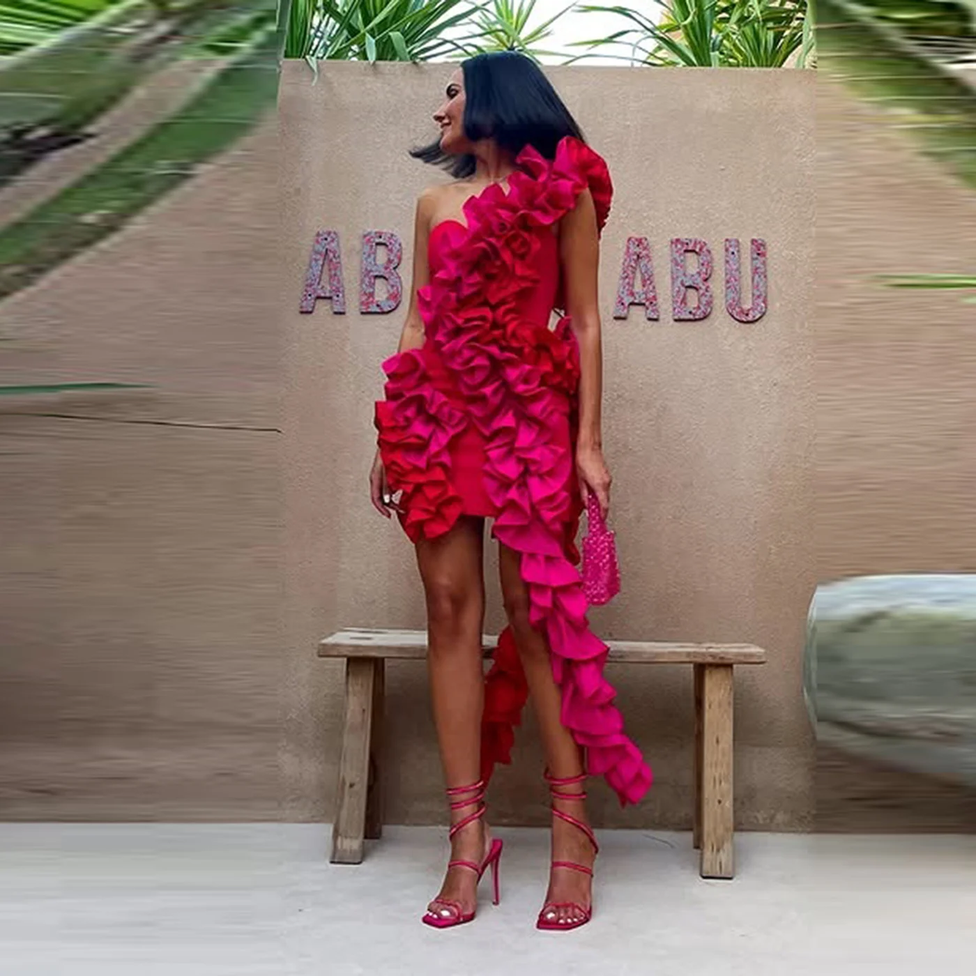 

Красное платье цвета фуксии с оборками на одно плечо, платье для выпускного вечера, женское платье-футляр с высоким и низким вырезом, вечерние платья, коктейльное платье