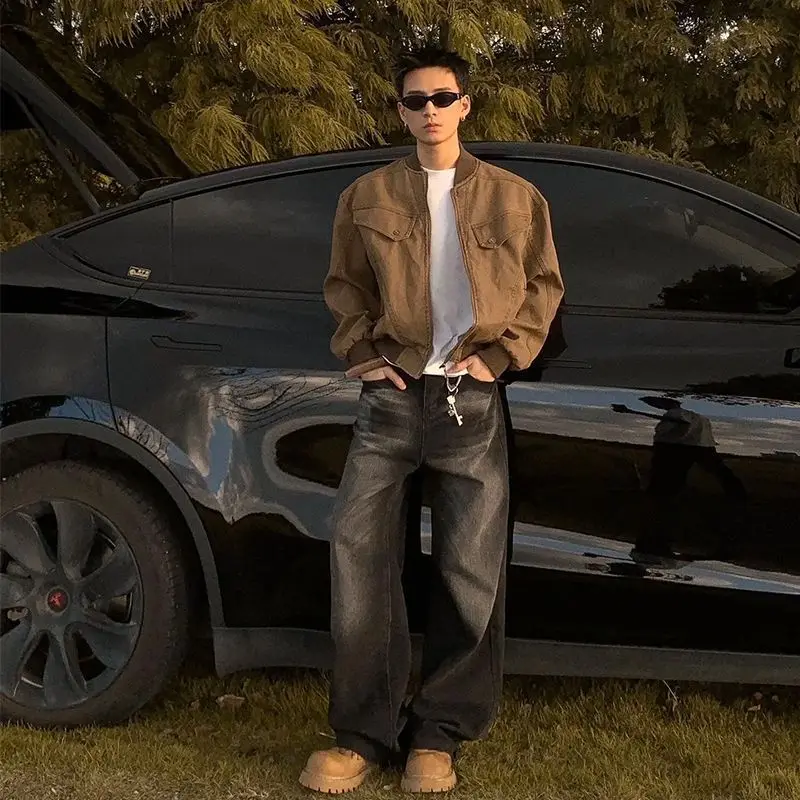 

Maillard brown short work jacket men's spring and autumn washing baseball uniform American retro jacket