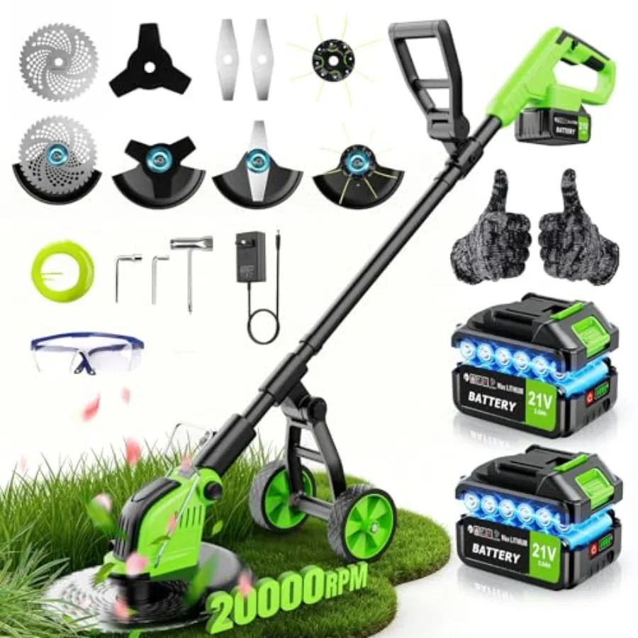 

Аккумуляторный электрический триммер для травы 20000 об/мин, 800 Вт, бесщеточный, с колесами, 12 дюймов, 4-в-1: триммер, кромкорез, мини-газонокосилка