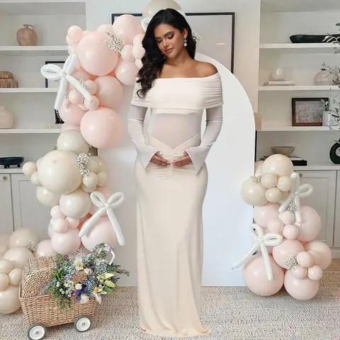 फोटोशूट के लिए मैटरनिटी ऑफ शोल्डर लॉन्ग स्लीव्स मैक्सी ड्रेस मेश पैनल्ड राउच्ड बेबी शॉवर आउटफिट 10 best sales मातृत्व मैक्सी ड्रेस - №8