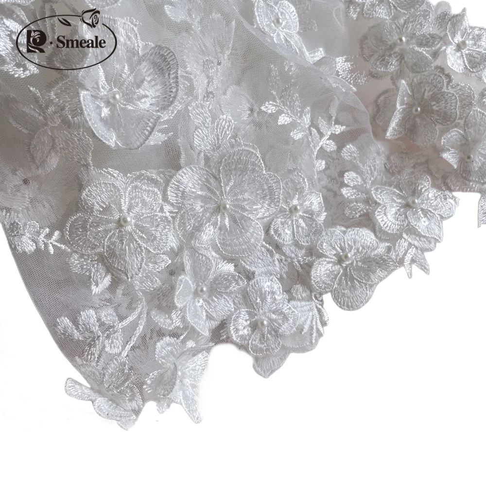 White Beaded Applique Lace Fabric, Wedding Dress, White Accessories, Width 86cm and 135cm, RS1696