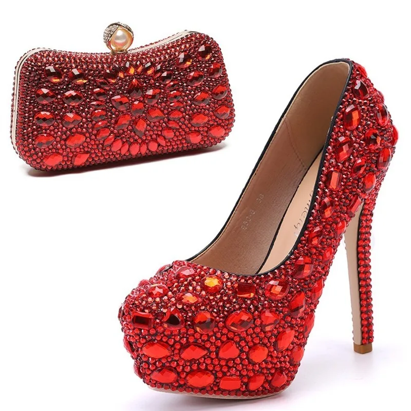 Sexy Nightclub Fashion Women's Pumps Rhinestone Platform Wedding 14CM Thin Heels Round Toe Shallow Party Blue Dance Woman Shoes
