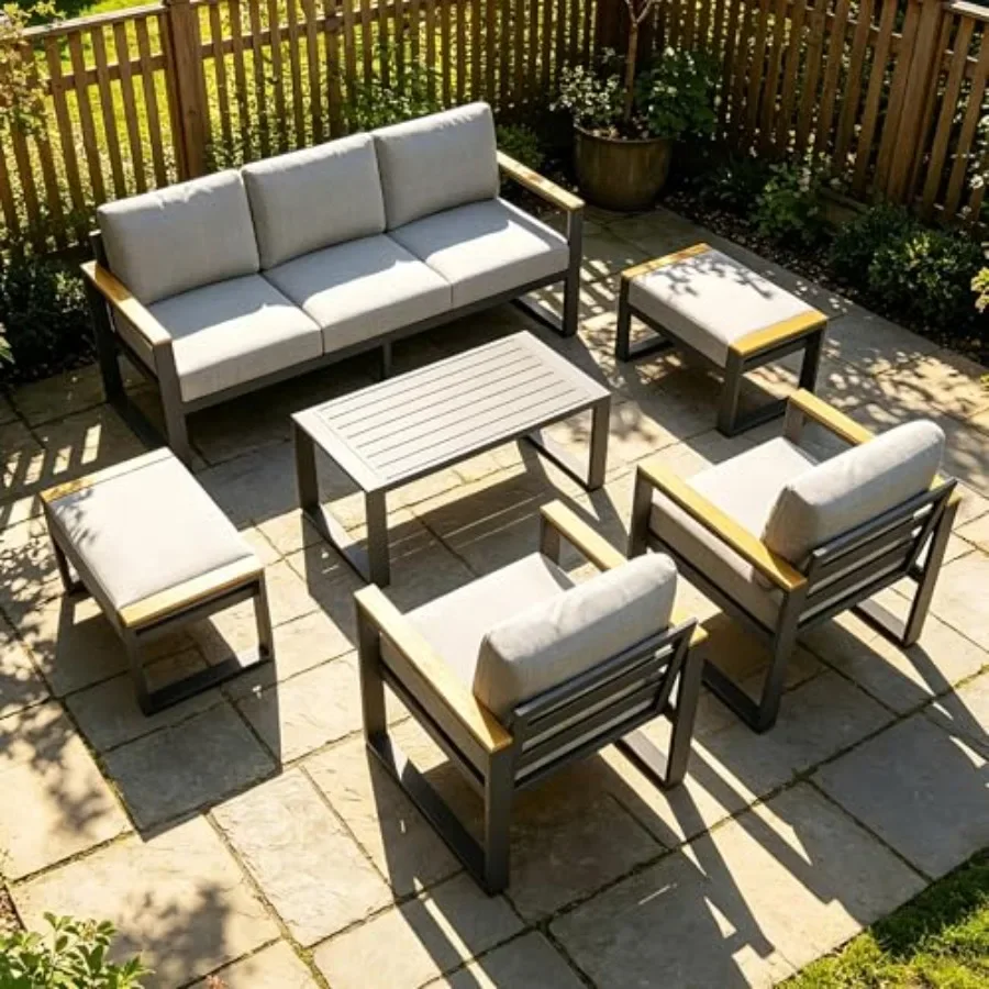 Modern Aluminum Patio Chair Set - All-Weather Metal Outdoor Furniture with Thick Washable Cushions - Includes 3-Seat Sofa and C