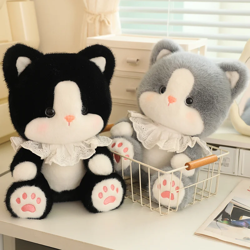 Cute Kitten Plush Toy Stuffed Animal Pet Kitty Soft Anime Cat Plush Pillow for Girls Birthday Gifts White Black Cats Toy