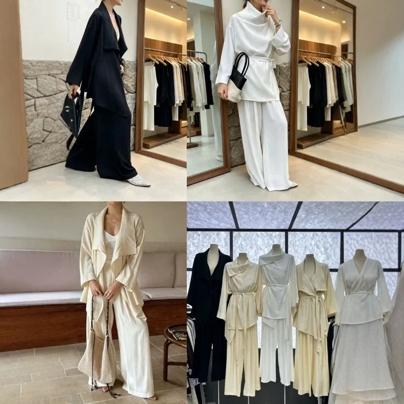 SuperAen Autumn New Lace-up Loose Asymmetrical Design Turn-down Collar Tops Full Length High Waist Pants Sets