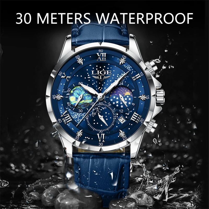 Lige Herren uhr Luxus wasserdichte männliche Uhr Mondphase Datum lässig blau Leder Quarz Armbanduhr Männer Chronograph montre homme