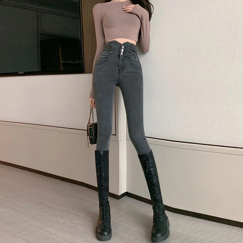 Tummy closing super high waist small leg jeans women black gray Slim three button single row nine points stretch pencil pants