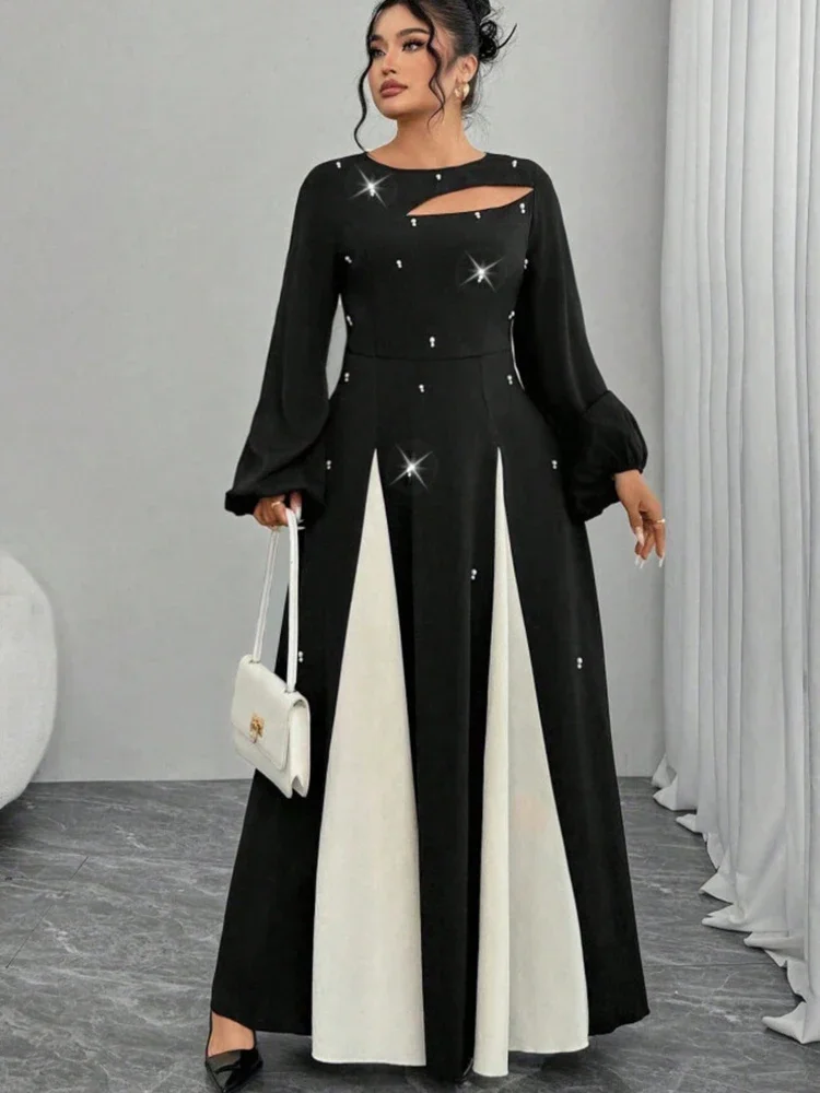 

Women's Pleated A-line Plus Size Dress Lantern Sleeve Cut Out Round Neck Elegant Casual Colorblocking Autumn Printed Dresses