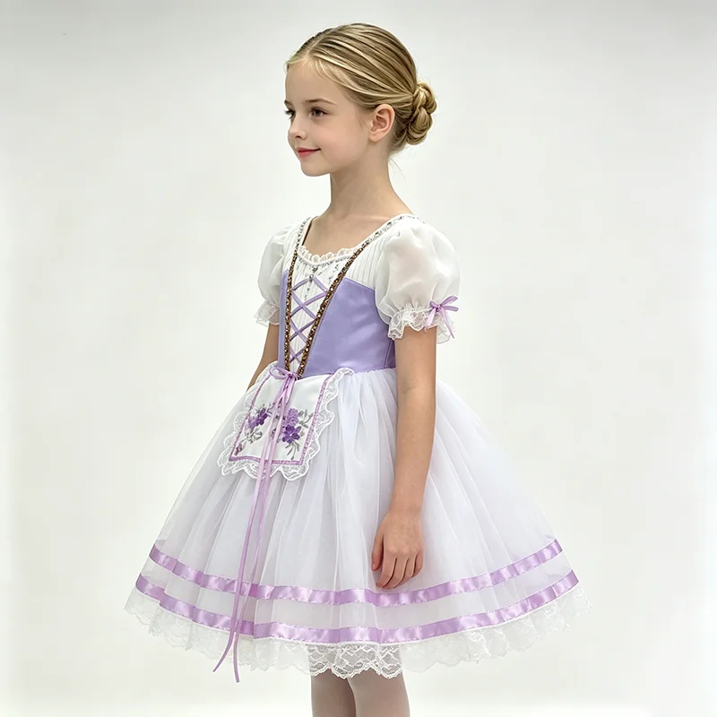 Embroidery Apron - Kids purple and white lace-up purple