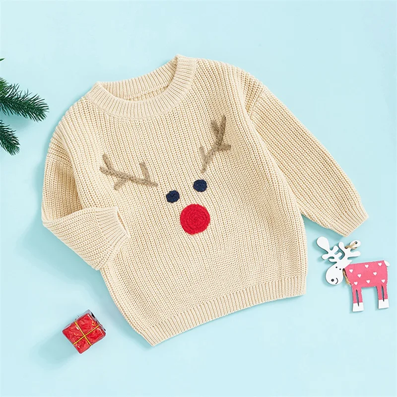 Children s Christmas Sweater with Reindeer Pattern Cozy Knit Pullover for Baby Boys and Girls Festive Holiday Knitwear for