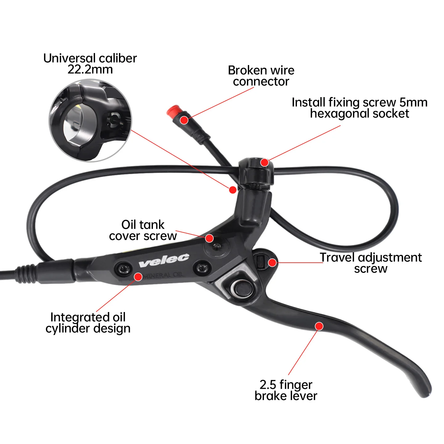 Velec E-Bike Hydraulic Disc Brake Set 2-Piston Power off for Electric Bikes Scooters MTB - Front Rear Brakes with Oil Pipe 950mm - view 3