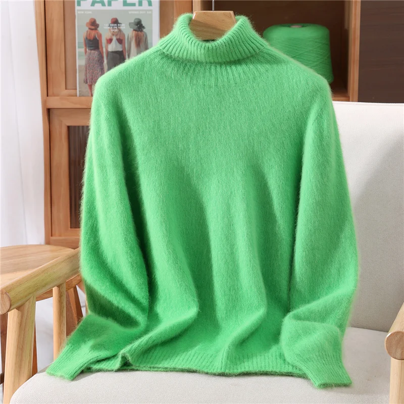 100% المنك سترة الكشمير المعنقة المرأة الخريف والشتاء الدافئة طويلة الأكمام عالية تحول طوق بلون بلوفر مغزول الإناث #6