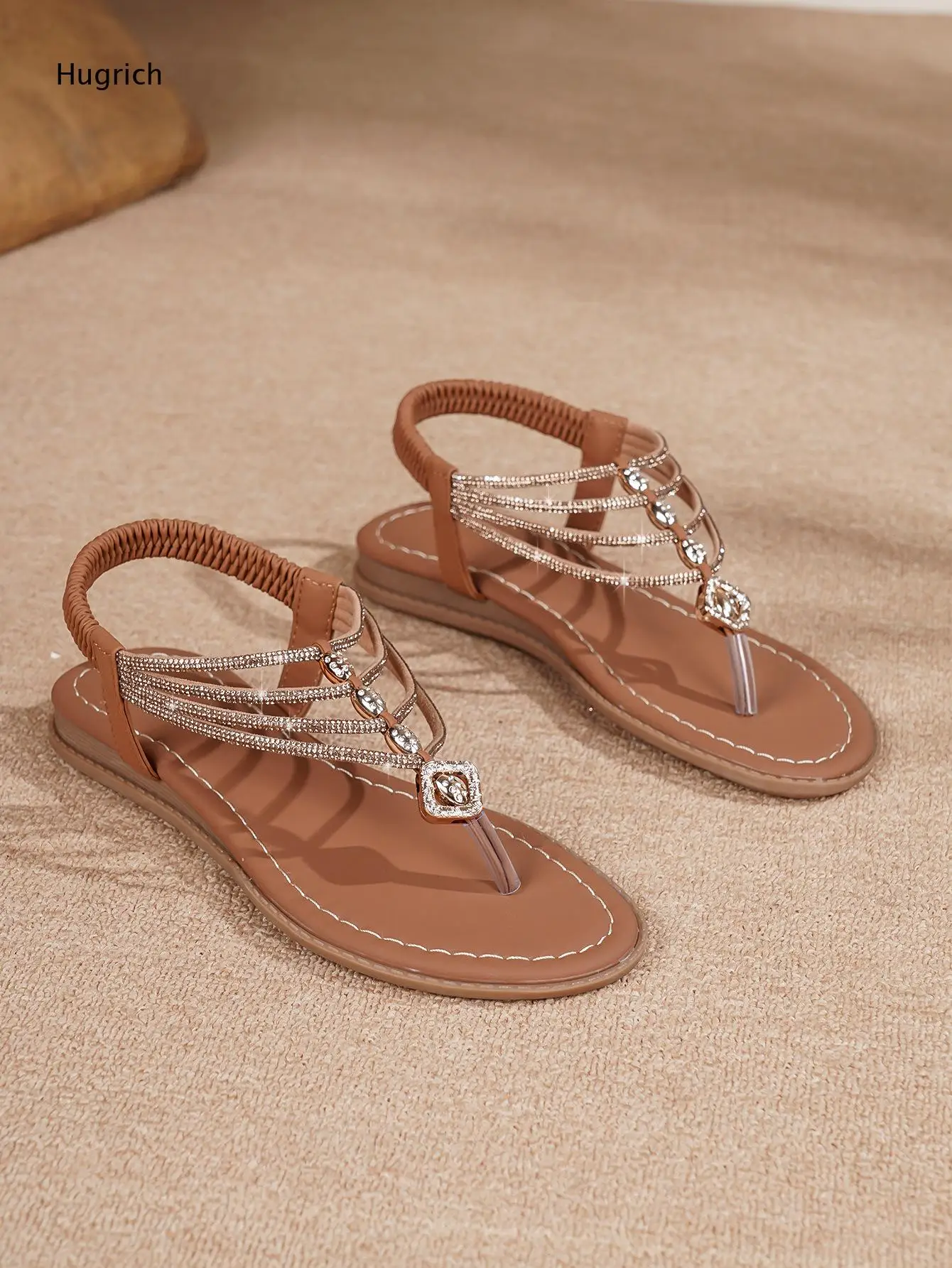 Multi-Strand Crystal Chain Flat Sandals Square Rhinestone Ornament Elastic Stretch Rear Ankle Band Anti-Slip Sole