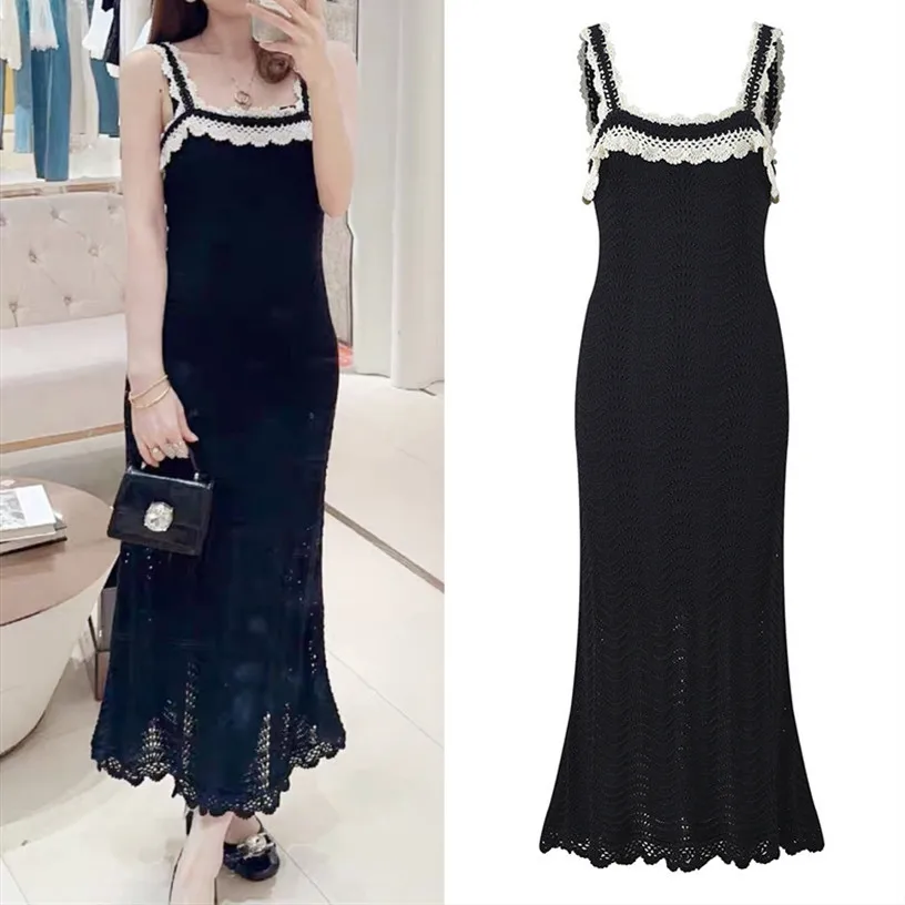 

High-End European Sle Summer French Riviera Holiday Hook Flower Hollow out Long Knitted Dr Vest Dr Svel Gown