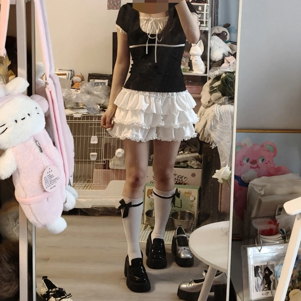 Damen Miniröcke mit Stufenvolants, Lolita-Stil, Eingebaute Shorts, Kawaii Sukapan Skort, Gothic Punk Coquette Y2K E-Girl Schwarzes Spitzenkleid – Detail 7