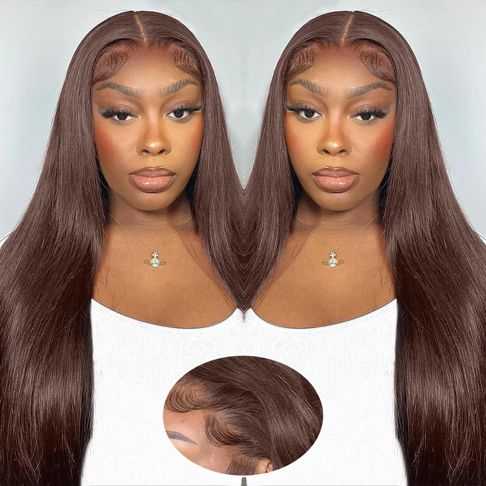 密度220のチョコレートブラウンストレート人毛ウィッグ、13x6 HD透明レースフロント人毛ウィッグ、女性用ブラジリアンヘアウィッグ