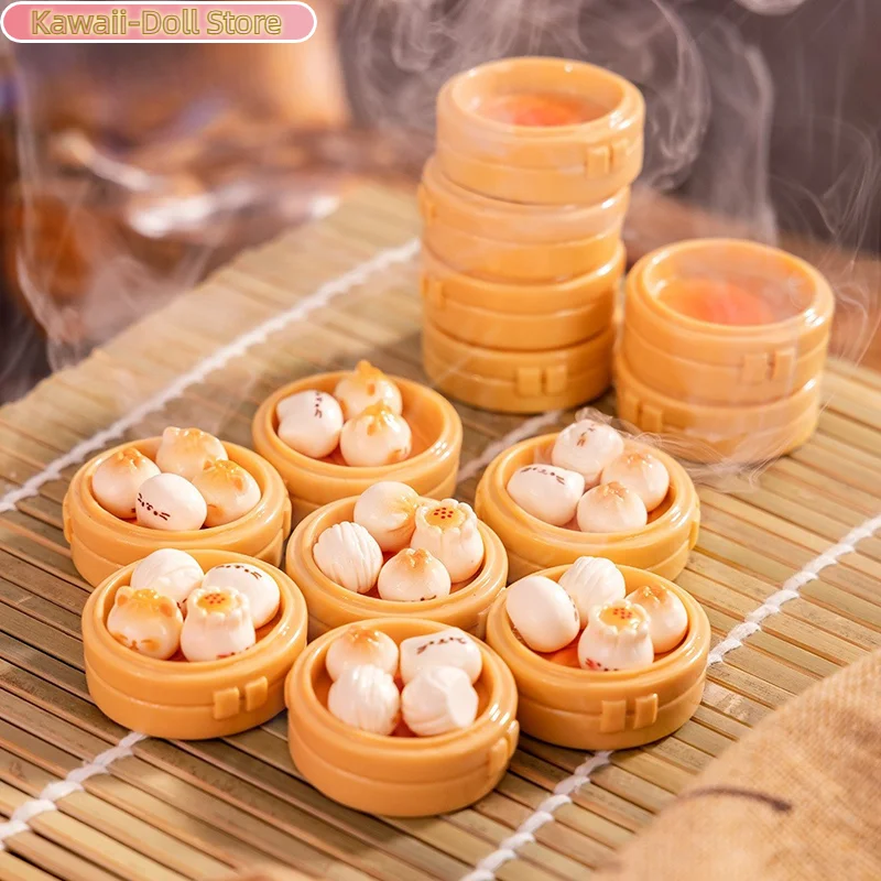 1set Dollhouse Miniature Steamer Ornaments Mini Food Toys + Imitation Steamed Buns Decoration Kitchen Accessories