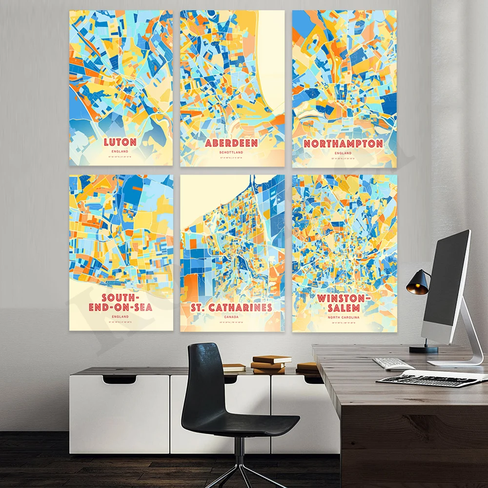 إدمونتون ساوث سيز أورورا بورياليس نيوارك نورثامبتون أبردين وارنجتون سانتا آنا لوتون بليموث. ملصق خريطة ألوان المدينة