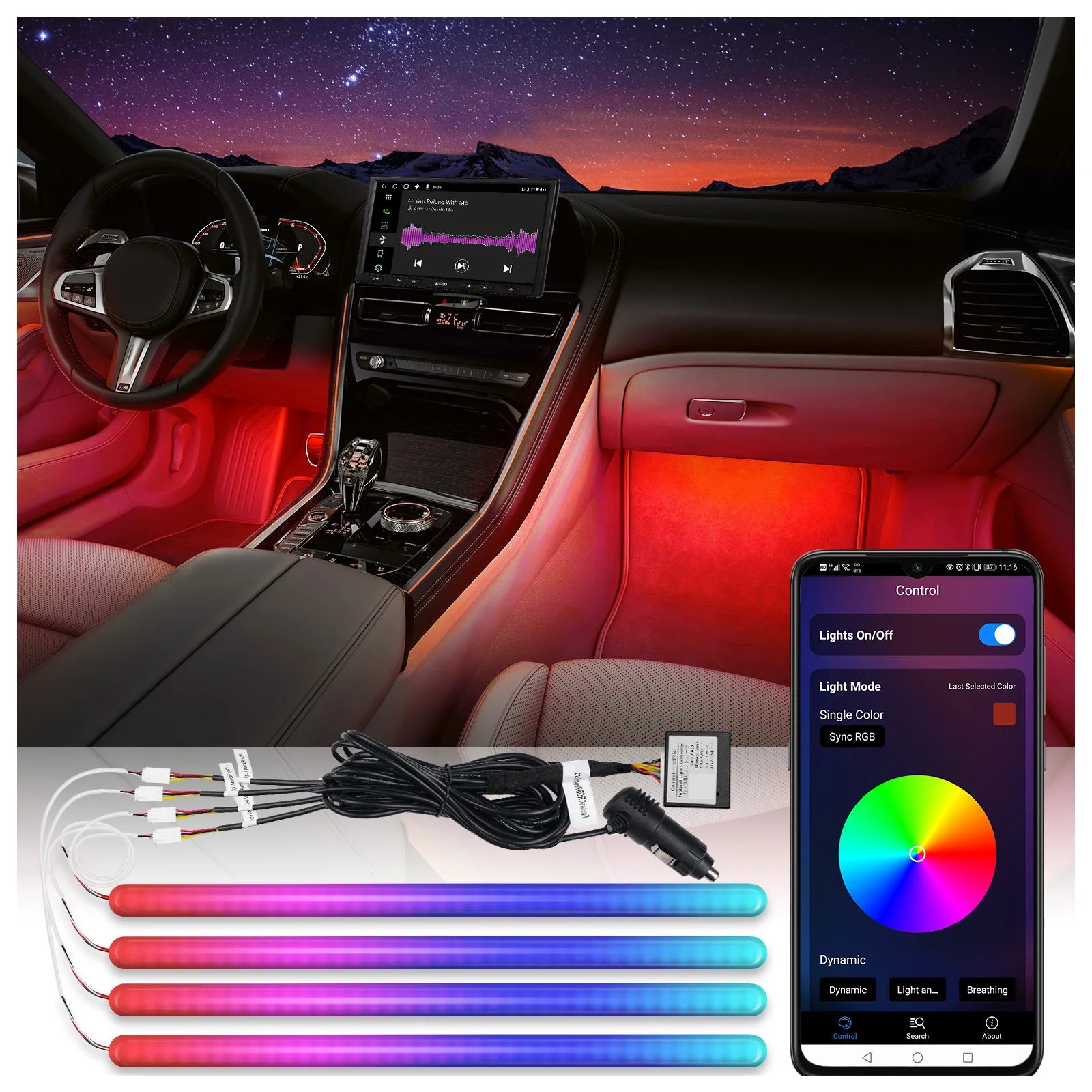 ATOTO CI-FLT01 Car LED Lights, Smart Interior Lights with App Control, 160 LEDs RGB Inside Car Lights with DIY 21 Music Modes 16 Million Color Switching-Independent Control of Front and Rear