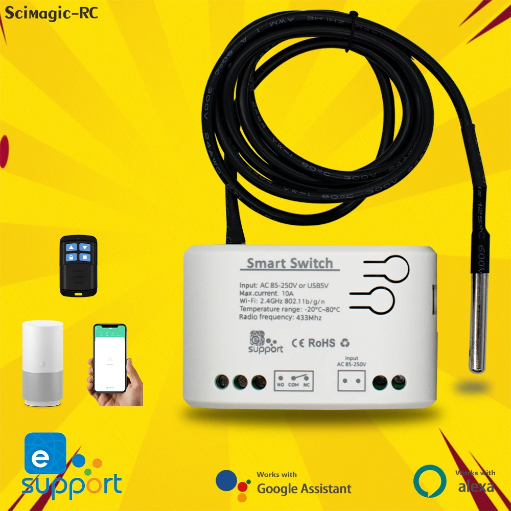 

Scimagic 1 Gang Smart Switch with Temperature Sensor, Ewelink APP ,Passive Dry Contact Relay Match Alexa Google Home