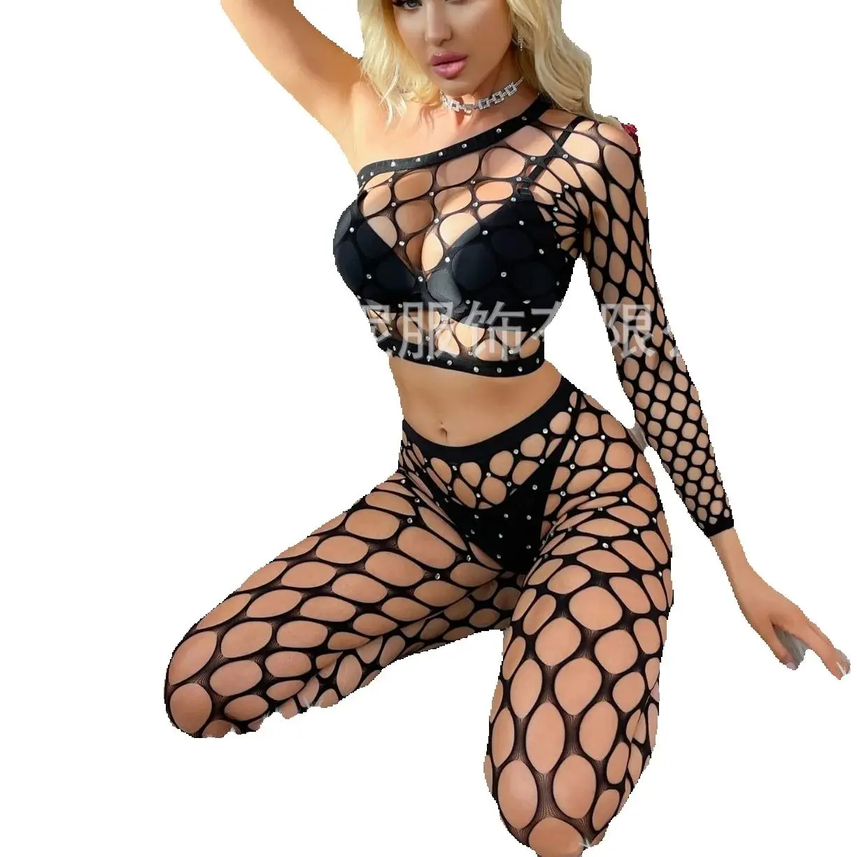 

Cross-border women's rhinestone single-sleeve long pants, large mesh, shiny, sexy one-piece bodysuit