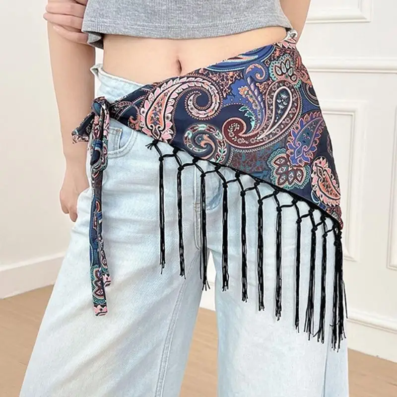 31BB Printed Waist Scarf Belt Triangular with Fringe Trim for Women Outfit Styling
