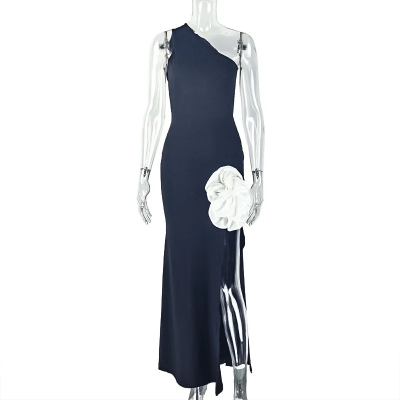 فستان نسائي طويل بكتف واحد بدون أكمام ثلاثي الأبعاد مزين بالزهور 2025 فساتين حفلات مثيرة لقضاء العطلات وأعياد الميلاد