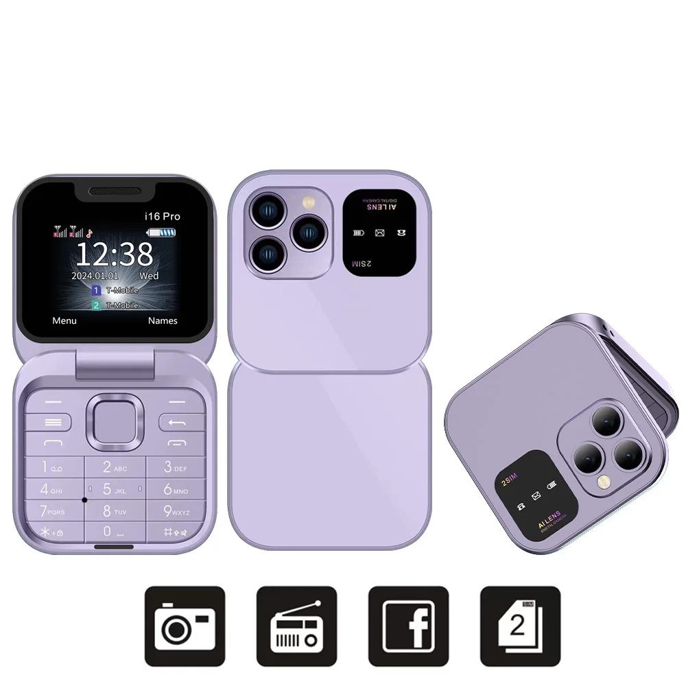 SERVO I16PRO 2G GSM Dual-SIM Klapp-Minihandy mit Automatischer Anrufaufzeichnung, Kurzwahl, Magischer Stimme, UKW-Radio, Kleines Faltbares Telefon mit Typ-C-Anschluss