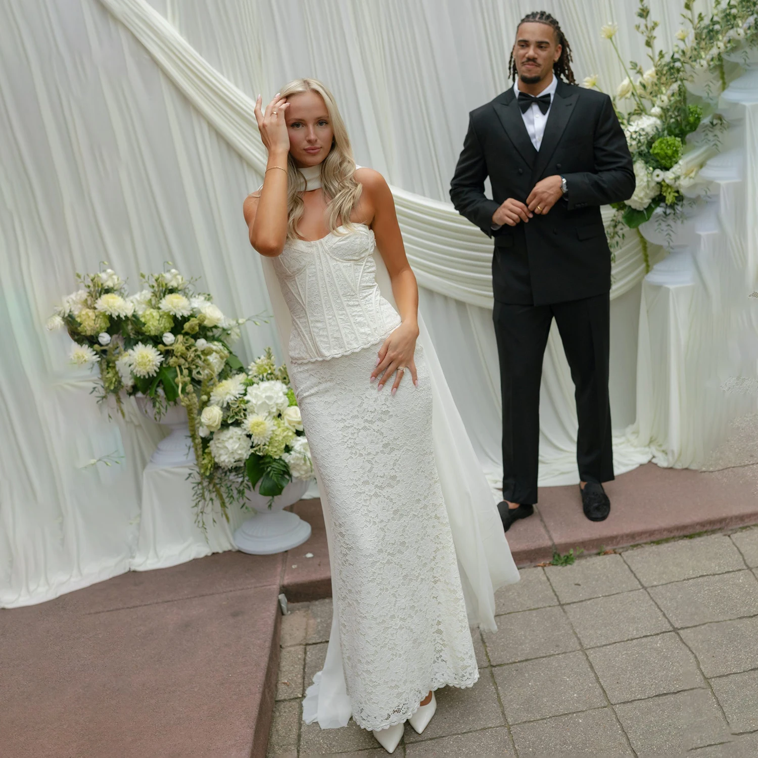 Strapless Lace Corset Two Pieces Ankle Length Mermaid Bridal Gowns Neck Scarf Lacing Closure Customized Elegant Wedding Dress