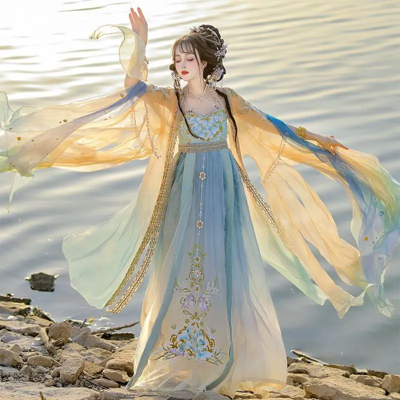 

Chinese Hanfu Dress Women Traditional Embroidery Hanfu Carnival Fairy Cosplay Costume Gradient Purple&Yellow Hanfu Costume