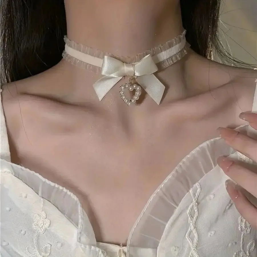 Sweet Satin Ribbon Choker Necklace with Pearl Heart Pendant & Sheer Ruffle Trim – Cute Coquette/Kawaii Collar Jewelry for Women