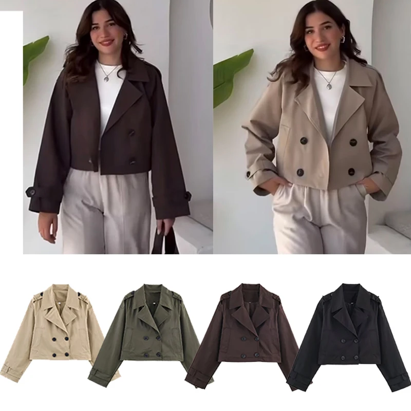 

Women's Windbreaker Jacket Long Sleeve Double-Breasted Jackets For Women 2025 High Street Short Coats Lady Autumn New Outerwears