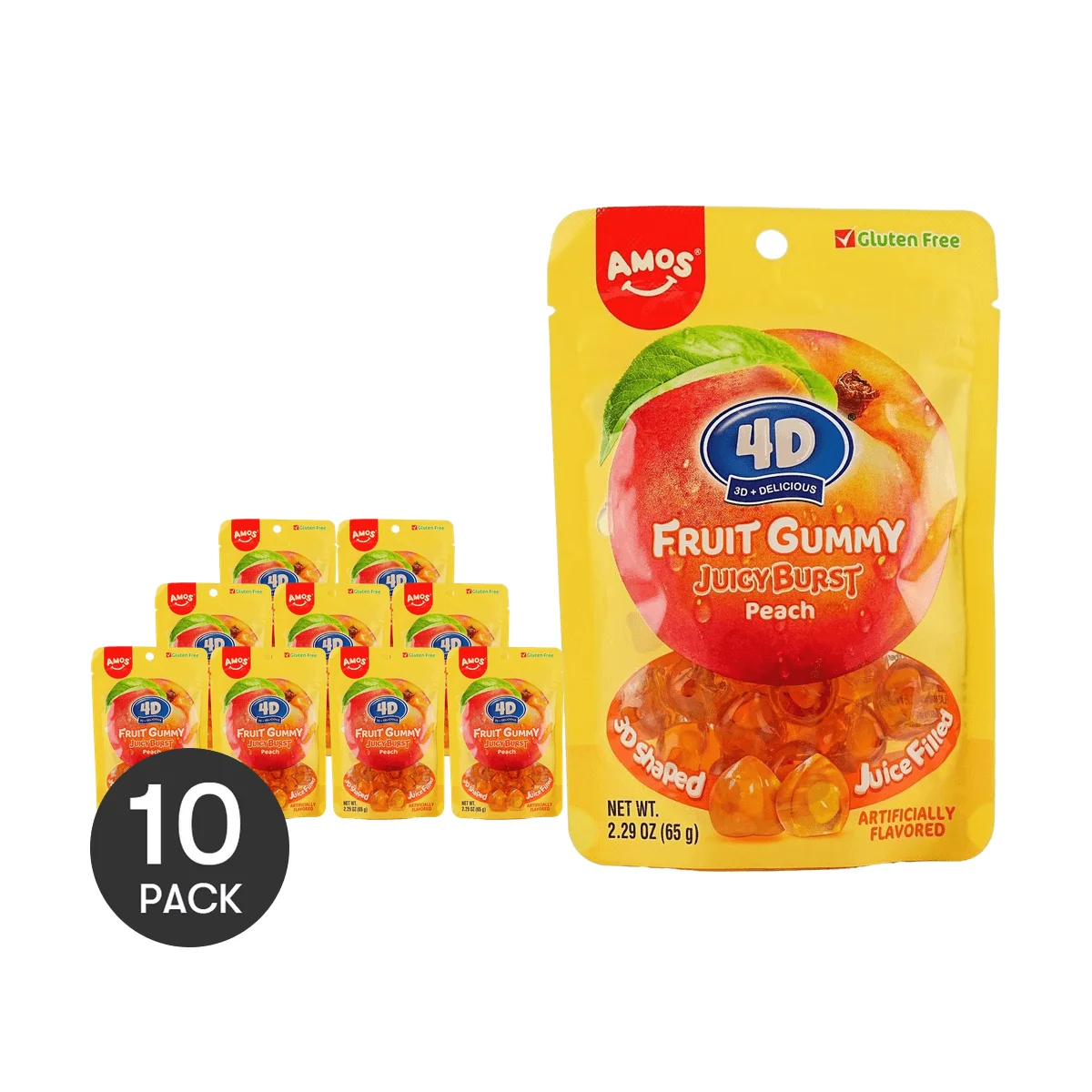 [10Packs] Amos 4D Fruit  Jelly Gummy Candy Juicy Burst Yellow Peach Gluten-Free 2.29 oz*10Packs